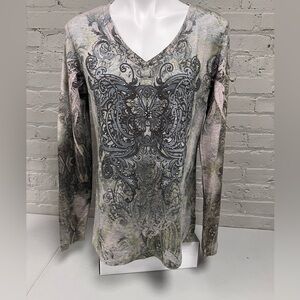 Elegant V-Neck Patterned Blouse - Gray and Black
